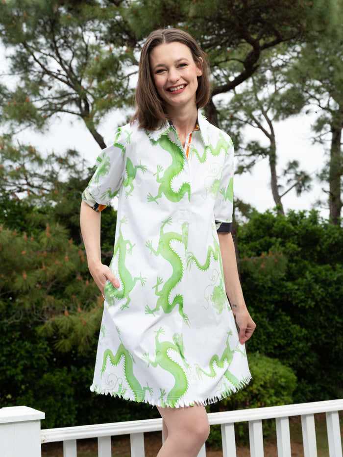 Dizzy-Lizzie Chatham Dress in Green and White Dragon Print available at Barbara Katz