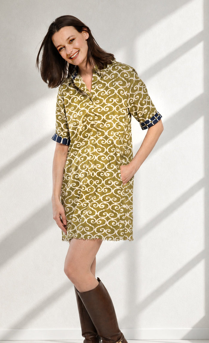 Dizzy-Lizzie Chatham Dress - Green Ivory Swirl Print available at Barbara Katz