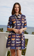 Dizzy-Lizzie Chatham Dress in Navy with Crab Print available at Barbara Katz