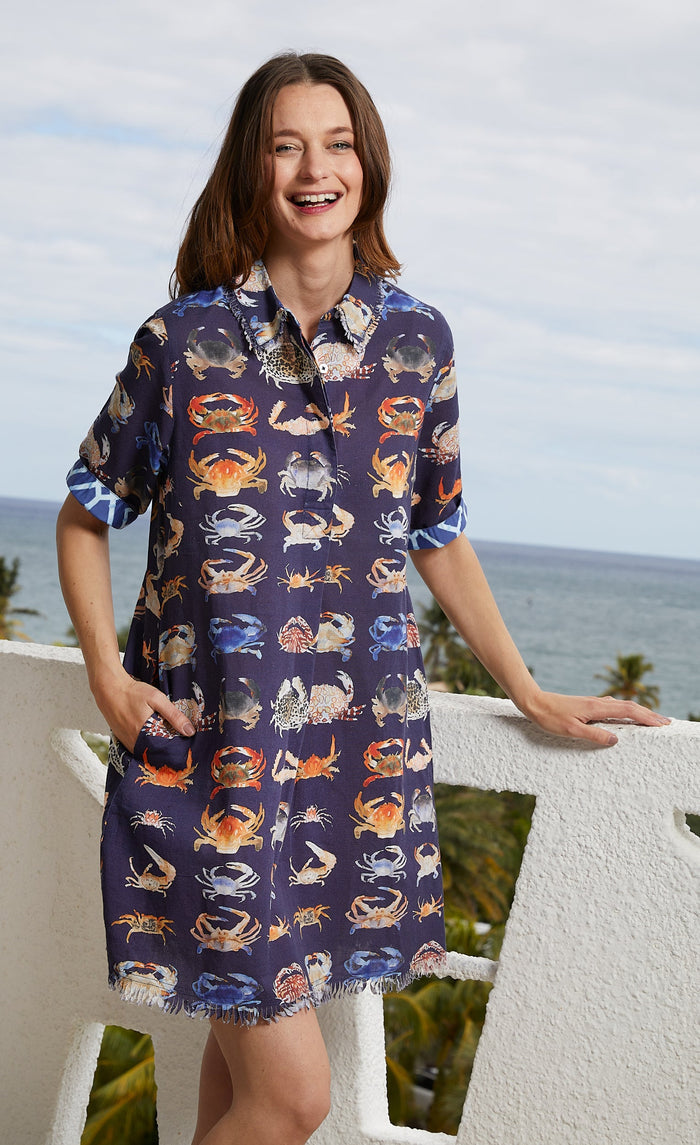 Dizzy-Lizzie Chatham Dress in Navy with Colorful Crab Print available at Barbara Katz