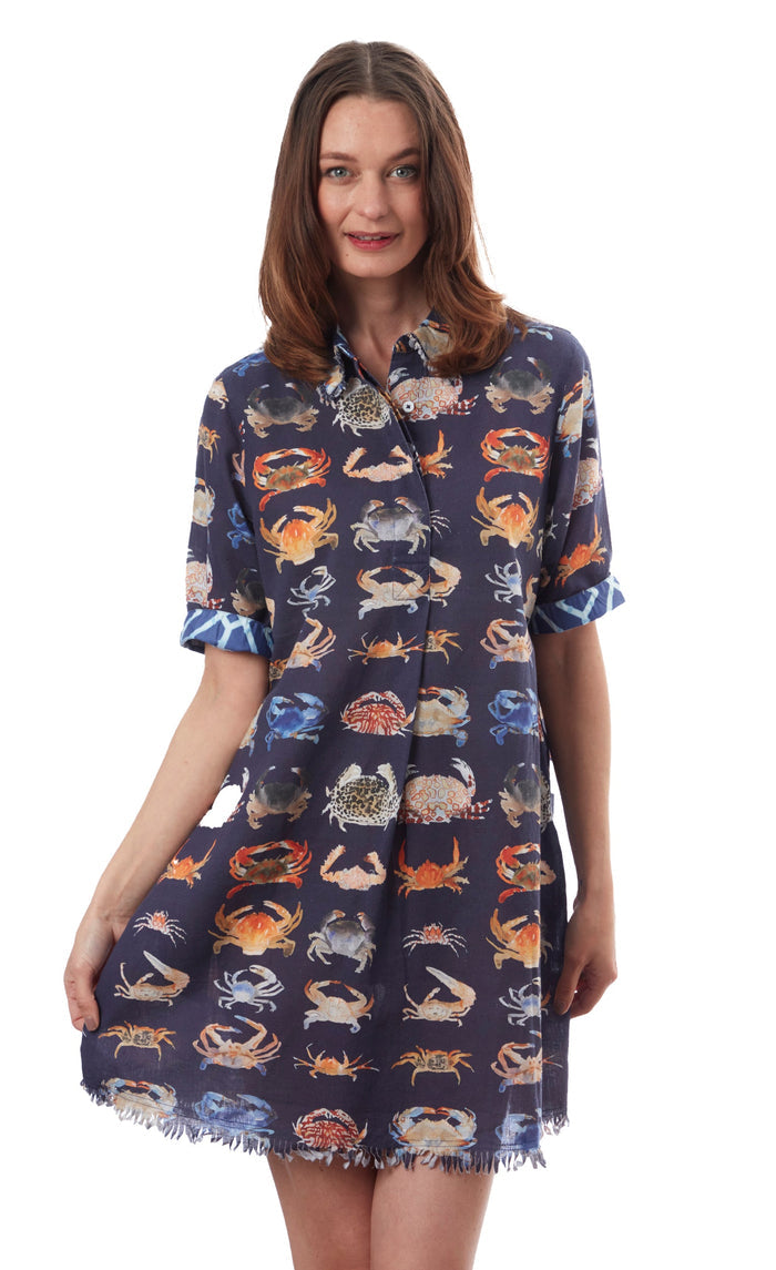 Dizzy-Lizzie Chatham Dress in Navy with Crab Print available at Barbara Katz