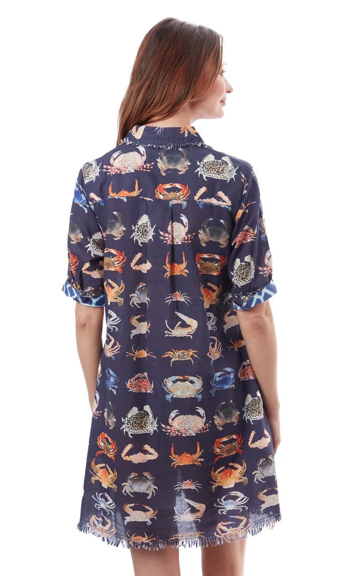 Dizzy-Lizzie Chatham Dress in Navy with Crab Print available at Barbara Katz