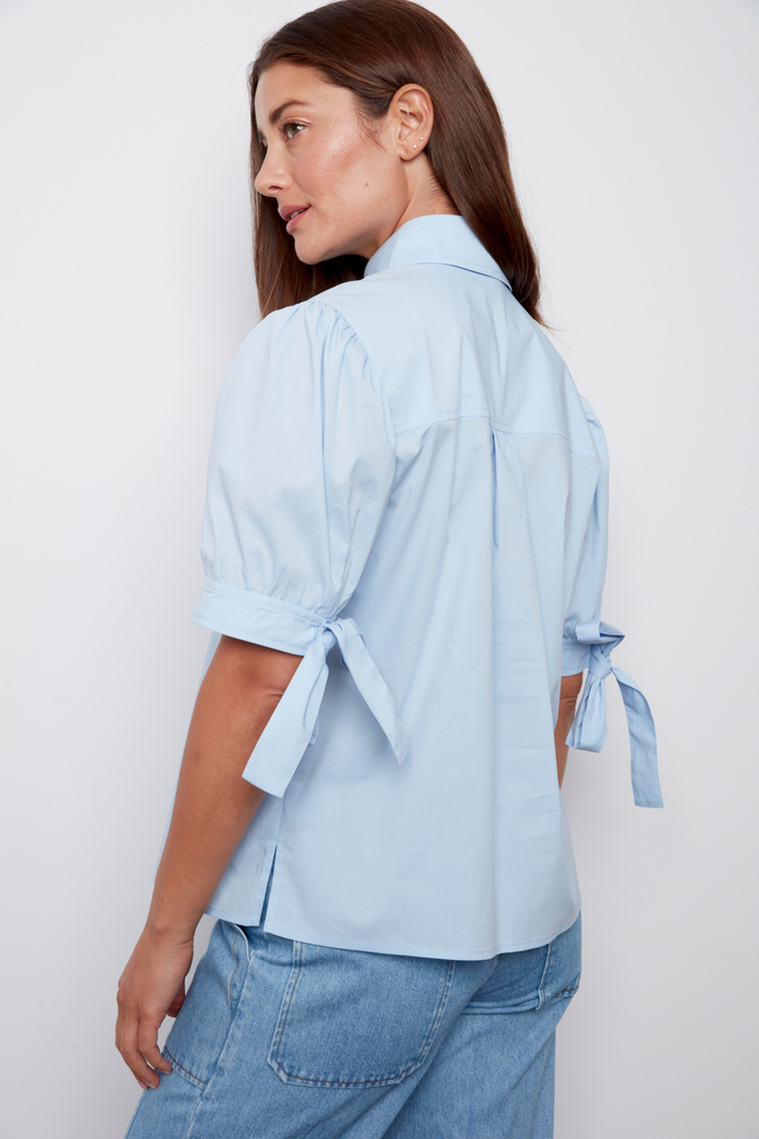 Adroit Atelier Clara Short Sleeve Buttoned Shirt in Light Blue available at Barbara Katz