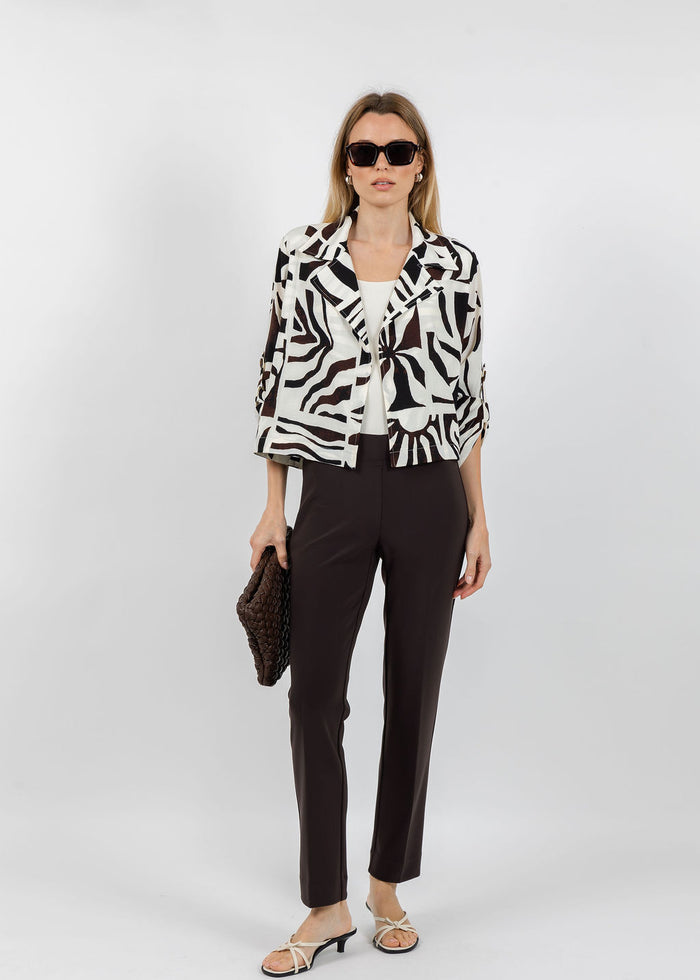 Joseph Ribkoff Gauze Tropical Print Boxy Blazer in Beige/Multi paired with Joseph Ribkoff Classic Straight Pants in Mocha available at Barbara Katz