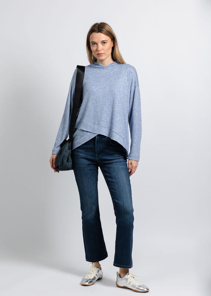 Nally & Millie Claudia Cashmere Like Hoodie in Denim available at Barbara Katz