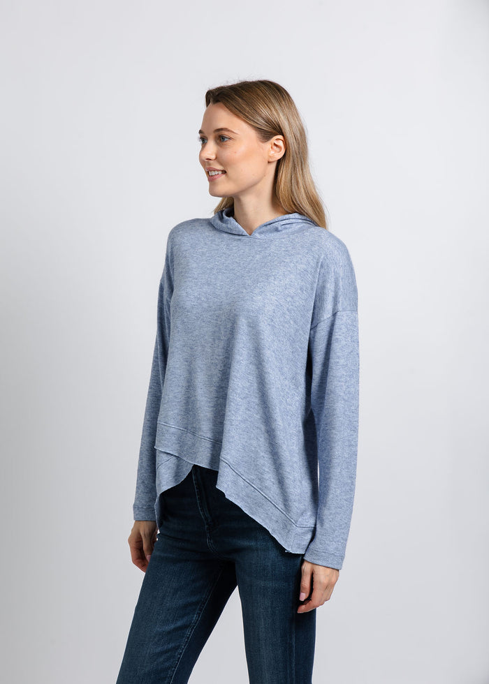 Nally & Millie Claudia Cashmere Like Hoodie in Denim available at Barbara Katz