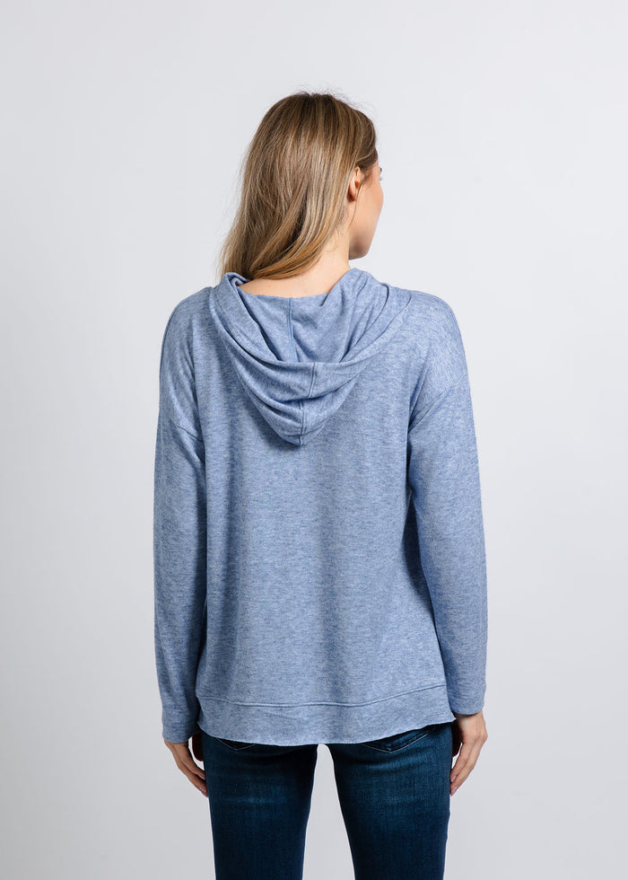 Nally & Millie Claudia Cashmere Like Hoodie in Denim available at Barbara Katz