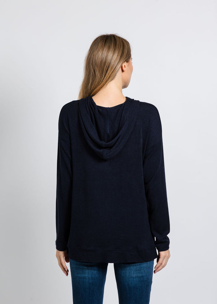 Nally & Millie Claudia Cashmere Like Hoodie in Midnight available at Barbara Katz