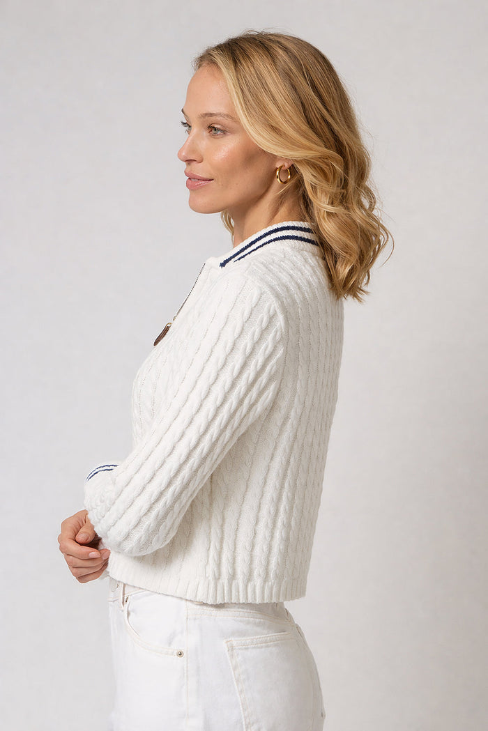 BK Coen Cable Zip-Up Bomber Jacket in White/Navy available at Barbara Katz