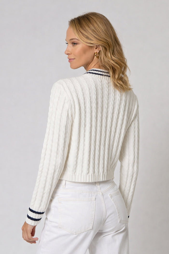BK Coen Cable Zip-Up Bomber Jacket in White/Navy available at Barbara Katz