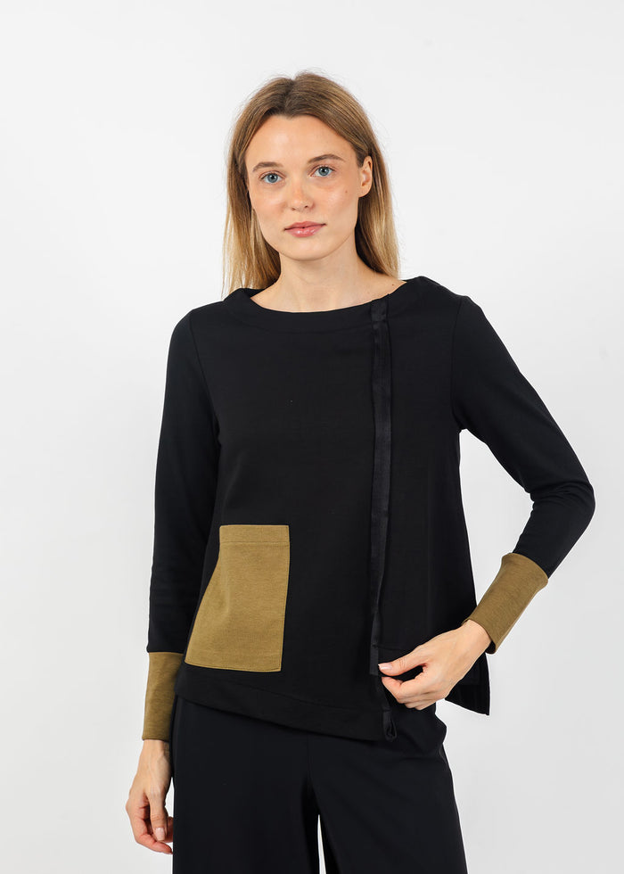 Terra Color Block Mixed Media Top in Black/Dark Olive available at Barbara Katz