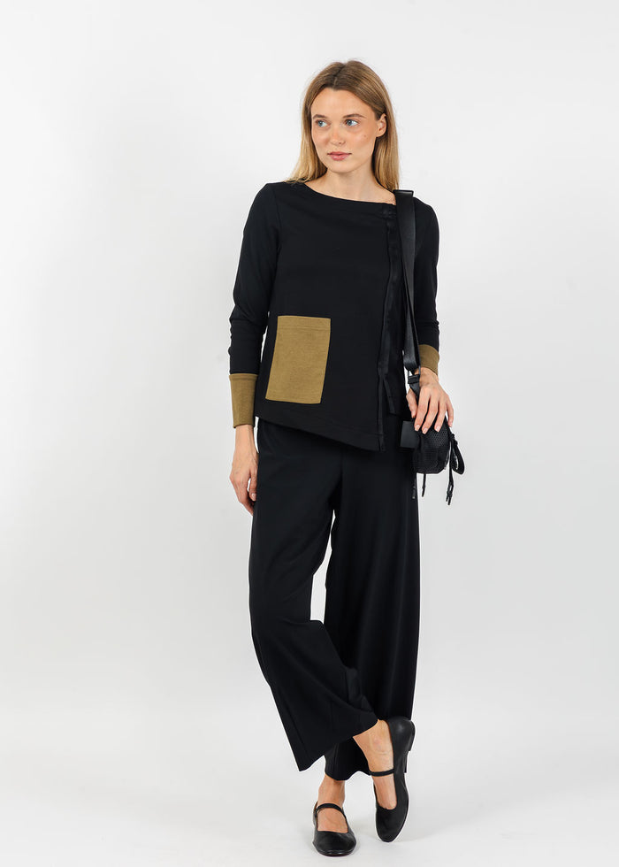 Terra Color Block Mixed Media Top in Black/Dark Olive available at Barbara Katz
