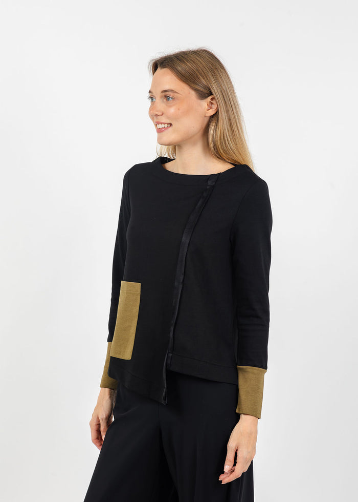 Terra Color Block Mixed Media Top in Black/Dark Olive available at Barbara Katz