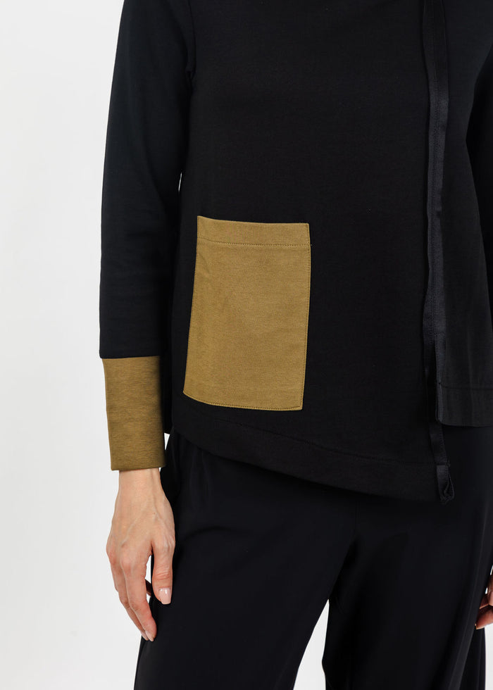 Terra Color Block Mixed Media Top in Black/Dark Olive available at Barbara Katz