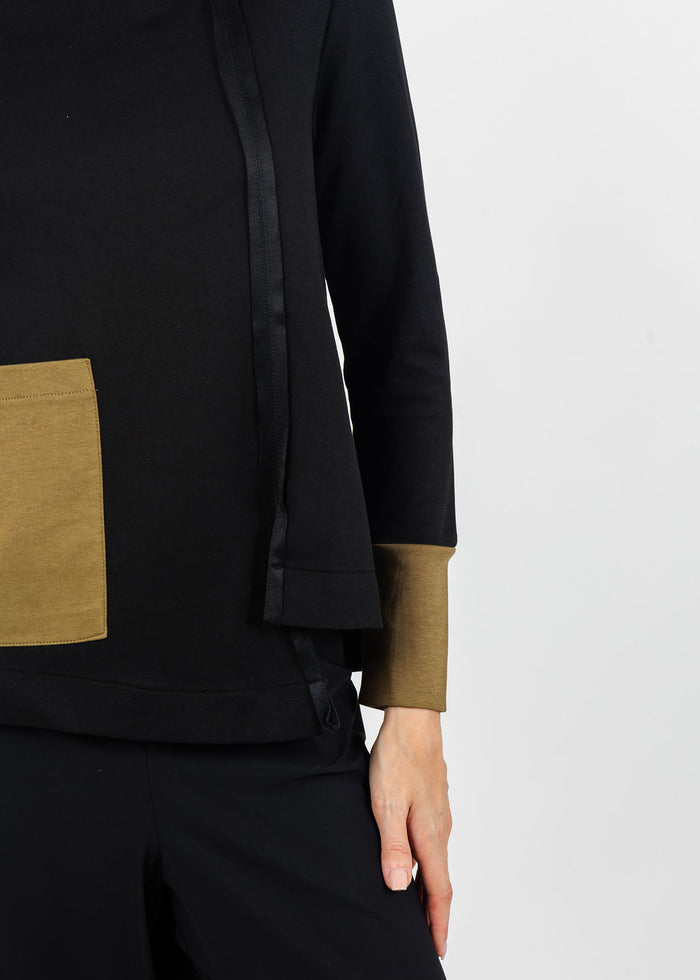 Terra Color Block Mixed Media Top in Black/Dark Olive available at Barbara Katz