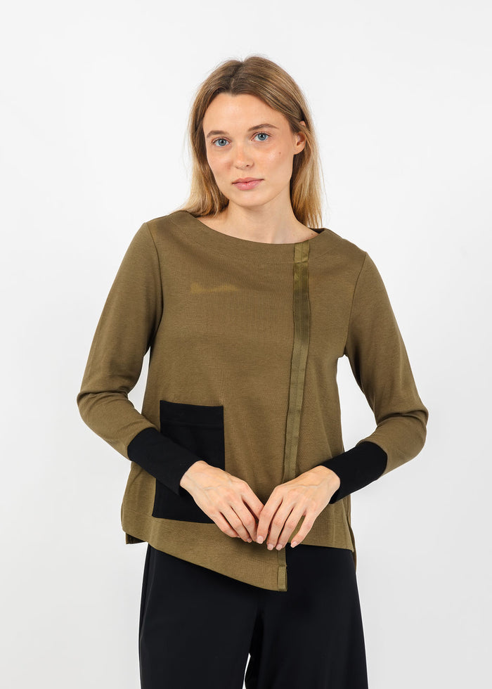 Terra Color Block Mixed Media Top in Dark Olive/Black available at Barbara Katz