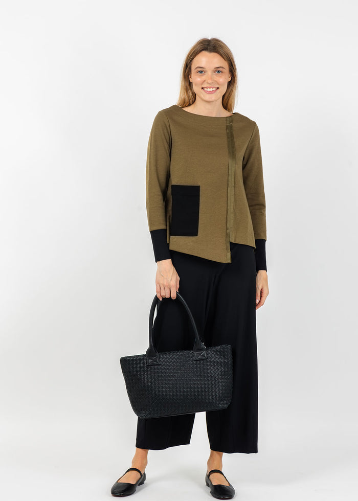 Terra Color Block Mixed Media Top in Dark Olive/Black paired with Raffaello Rossi Sally 7/8 High Tech Jersey Pants in Black available at Barbara Katz