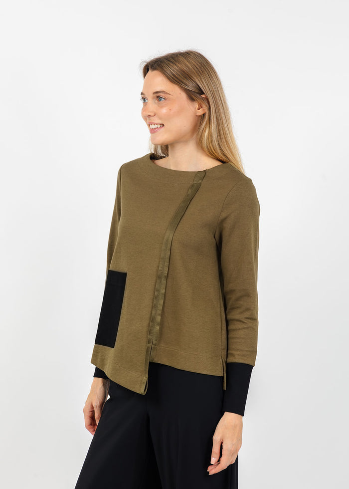 Terra Color Block Mixed Media Top in Dark Olive/Black available at Barbara Katz
