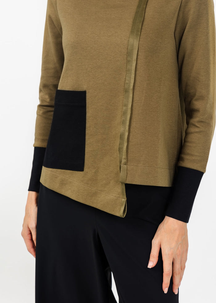 Terra Color Block Mixed Media Top in Dark Olive/Black available at Barbara Katz