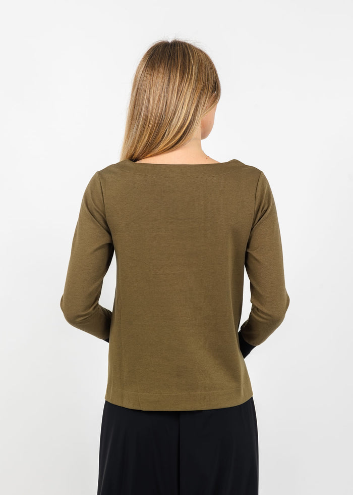 Terra Color Block Mixed Media Top in Dark Olive/Black available at Barbara Katz