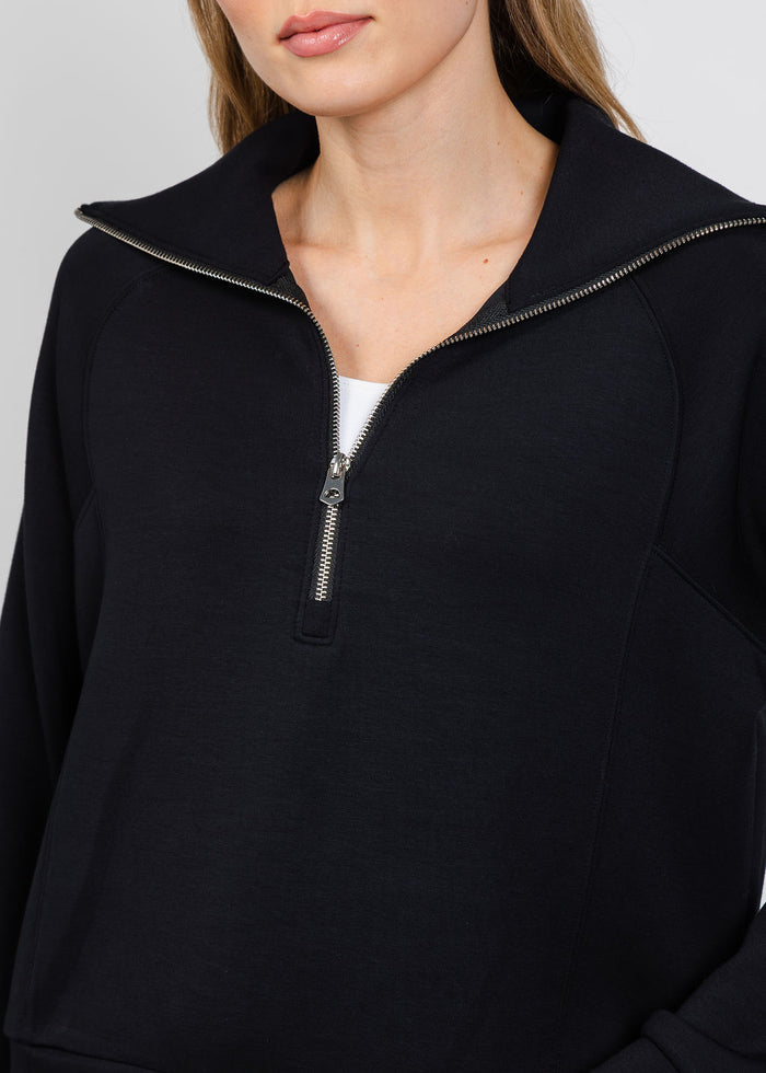 Elliott Lauren Comfort Zone Half Zip Seam Top in Black available at Barbara Katz