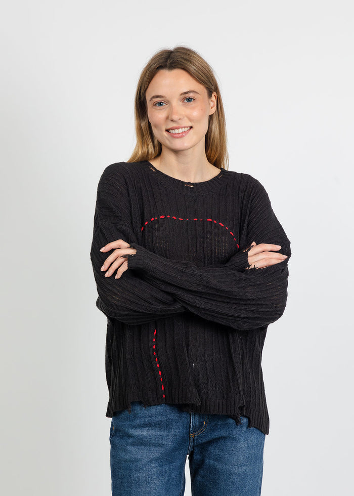 Terra Contrast Stitch and Rib Sweater in Black available at Barbara Katz