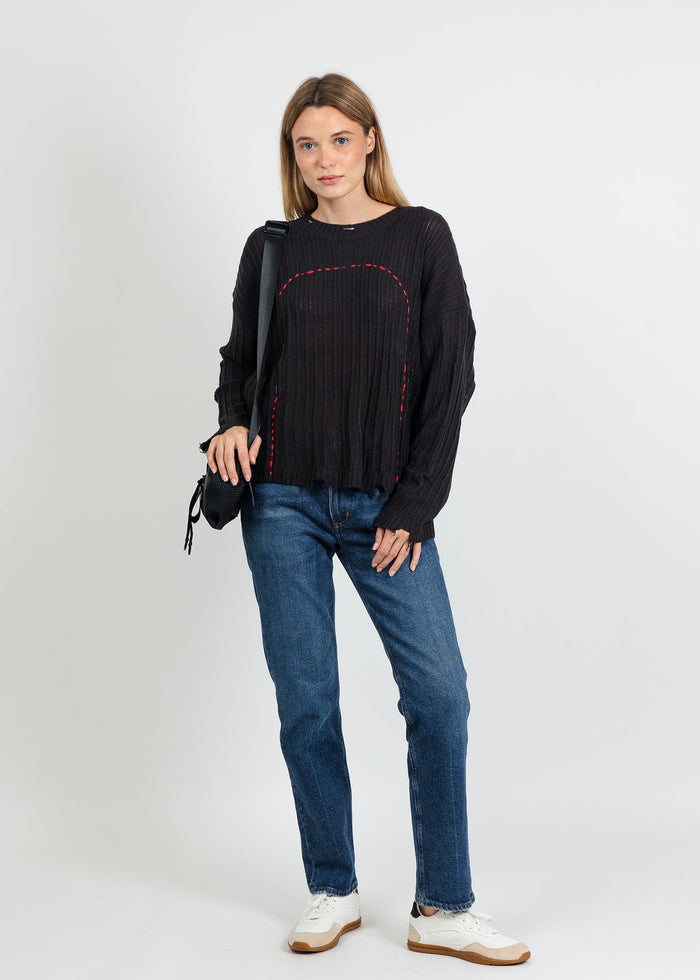Terra Contrast Stitch and Rib Sweater in Black available at Barbara Katz