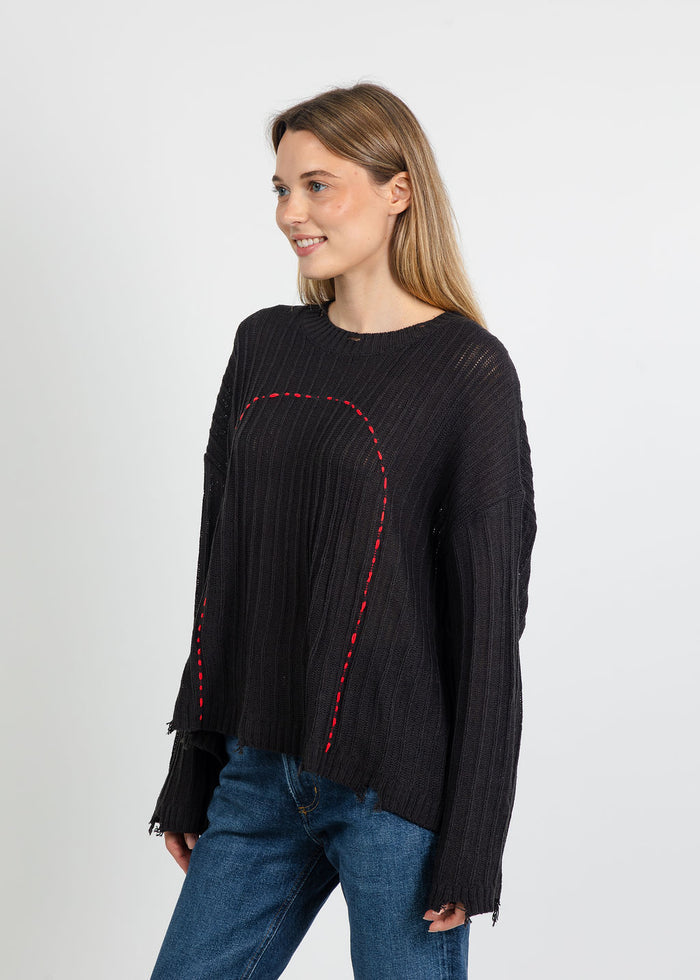 Terra Contrast Stitch and Rib Sweater in Black available at Barbara Katz