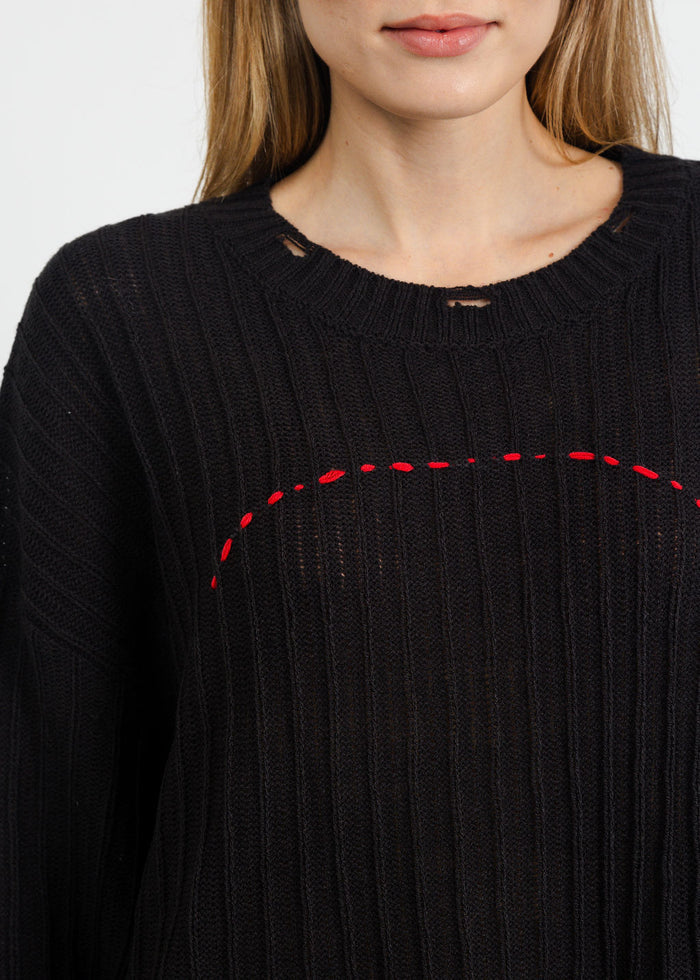 Terra Contrast Stitch and Rib Sweater in Black available at Barbara Katz