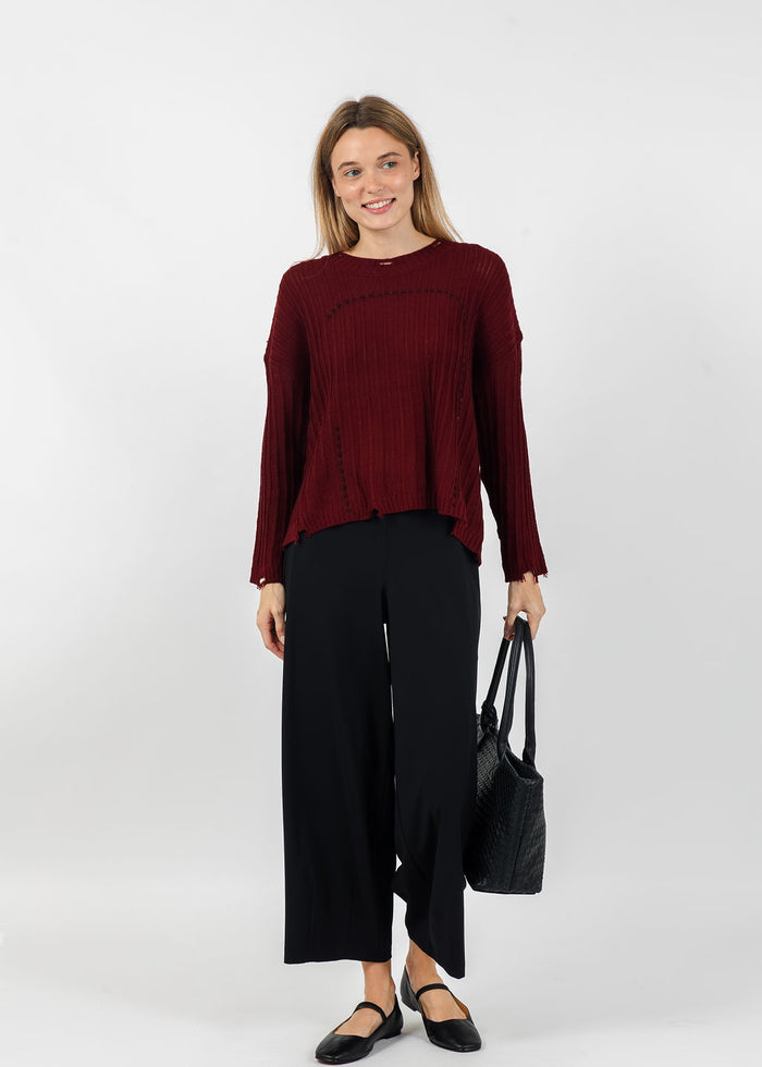 Terra Contrast Stitch and Rib Sweater in Burgundy available at Barbara Katz