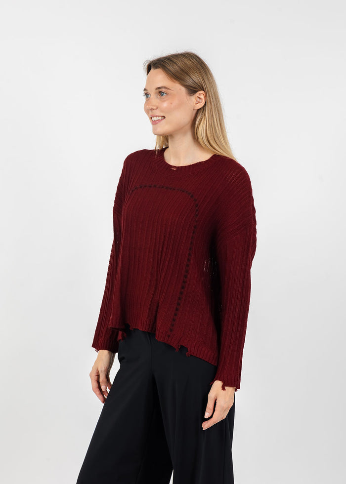 Terra Contrast Stitch and Rib Sweater in Burgundy available at Barbara Katz