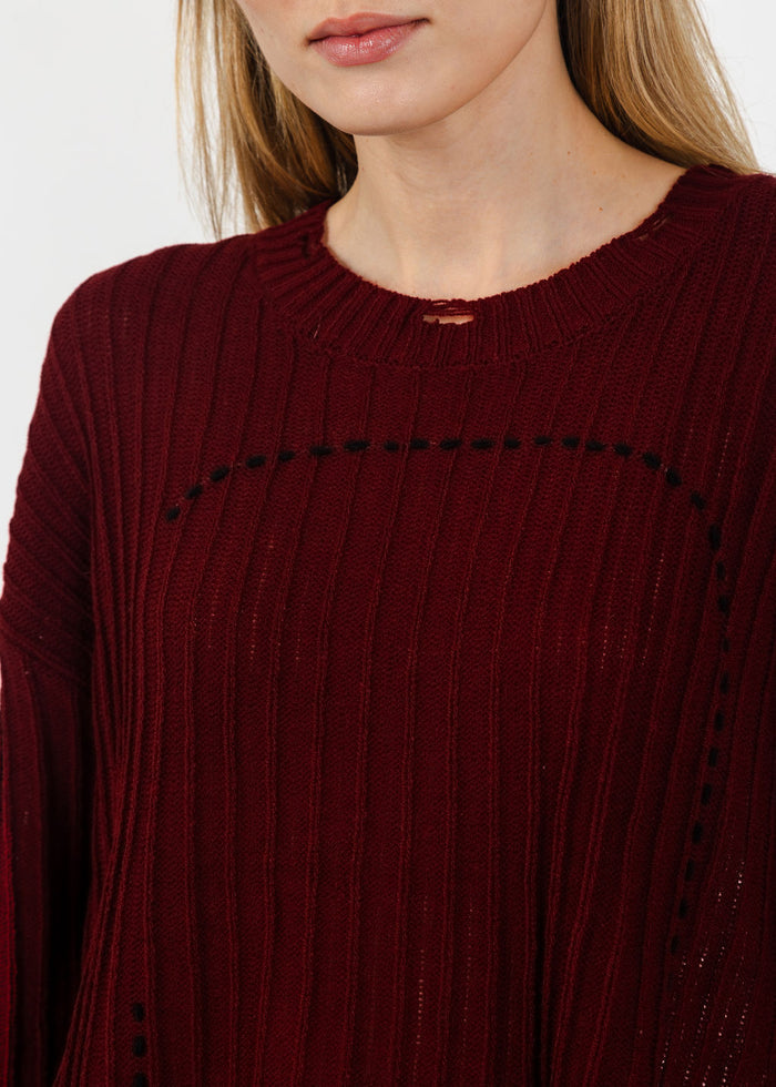 Terra Contrast Stitch and Rib Sweater in Burgundy available at Barbara Katz