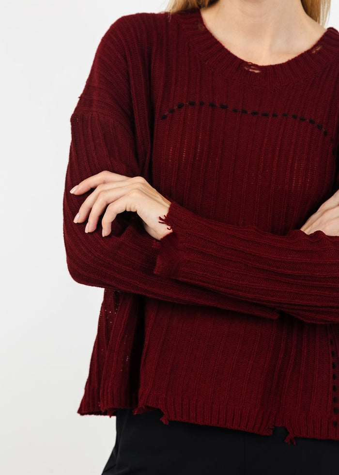 Terra Contrast Stitch and Rib Sweater in Burgundy available at Barbara Katz