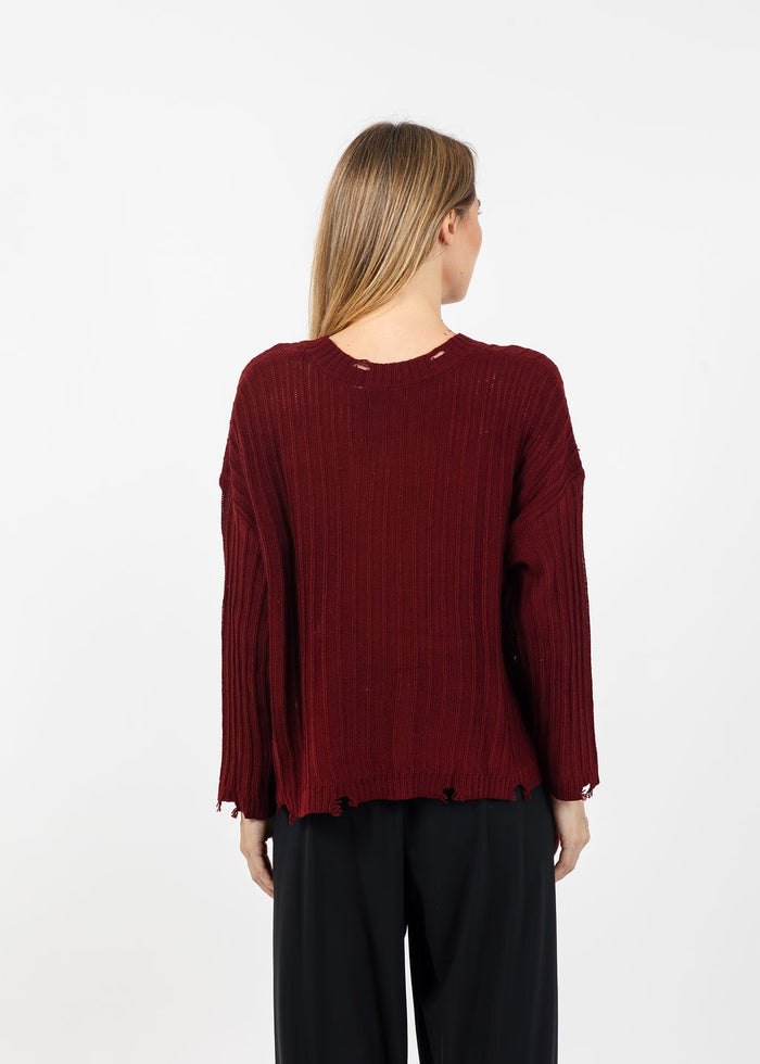 Terra Contrast Stitch and Rib Sweater in Burgundy available at Barbara Katz