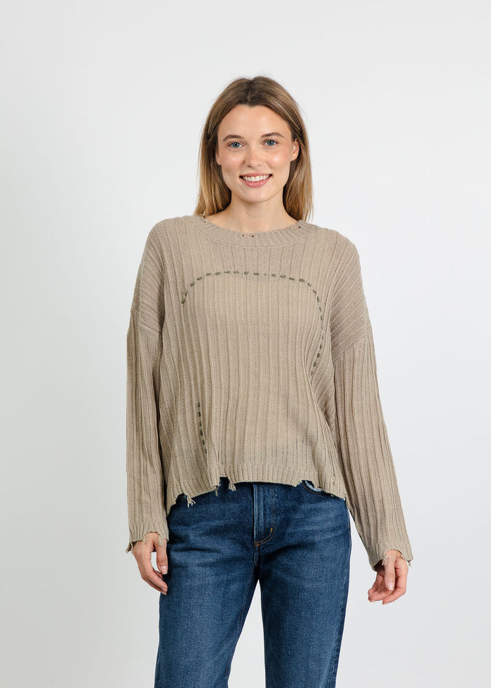 Terra Contrast Stitch and Rib Sweater in Light Beige available at Barbara Katz
