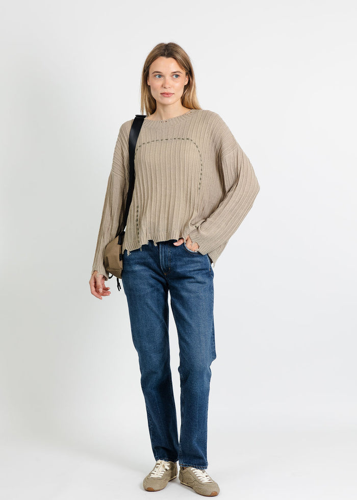 Terra Contrast Stitch and Rib Sweater in Light Beige available at Barbara Katz