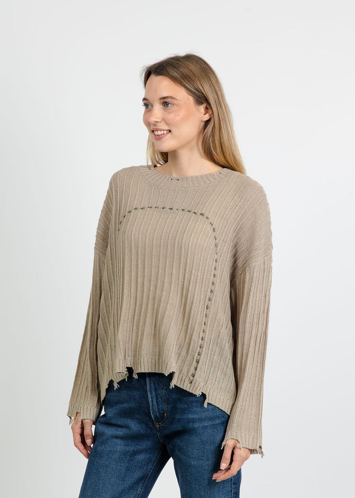 Terra Contrast Stitch and Rib Sweater in Light Beige available at Barbara Katz