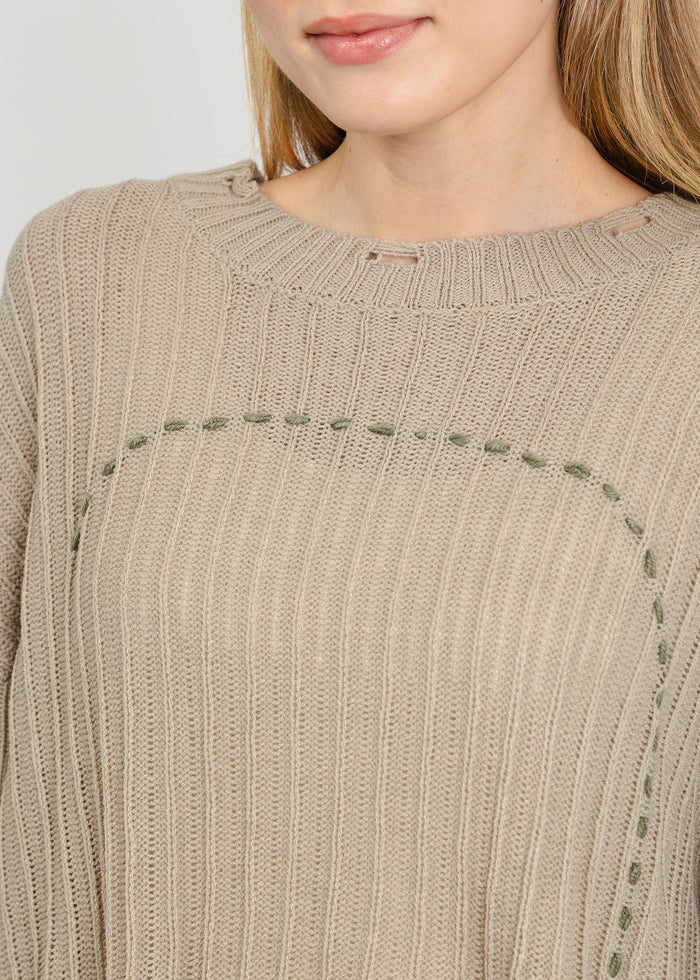 Terra Contrast Stitch and Rib Sweater in Light Beige available at Barbara Katz