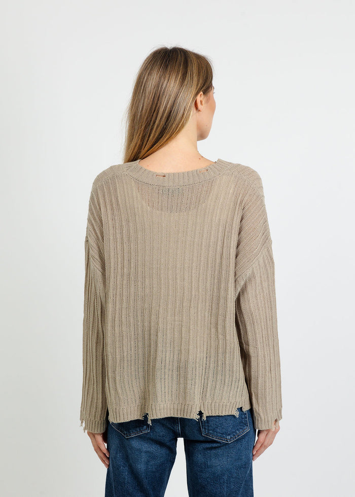 Terra Contrast Stitch and Rib Sweater in Light Beige available at Barbara Katz