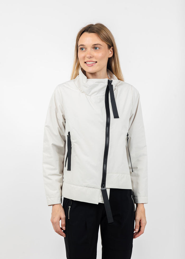 Terra Cora Waterproof Asymmetric Zip Jacket in Vintage White available at Barbara Katz