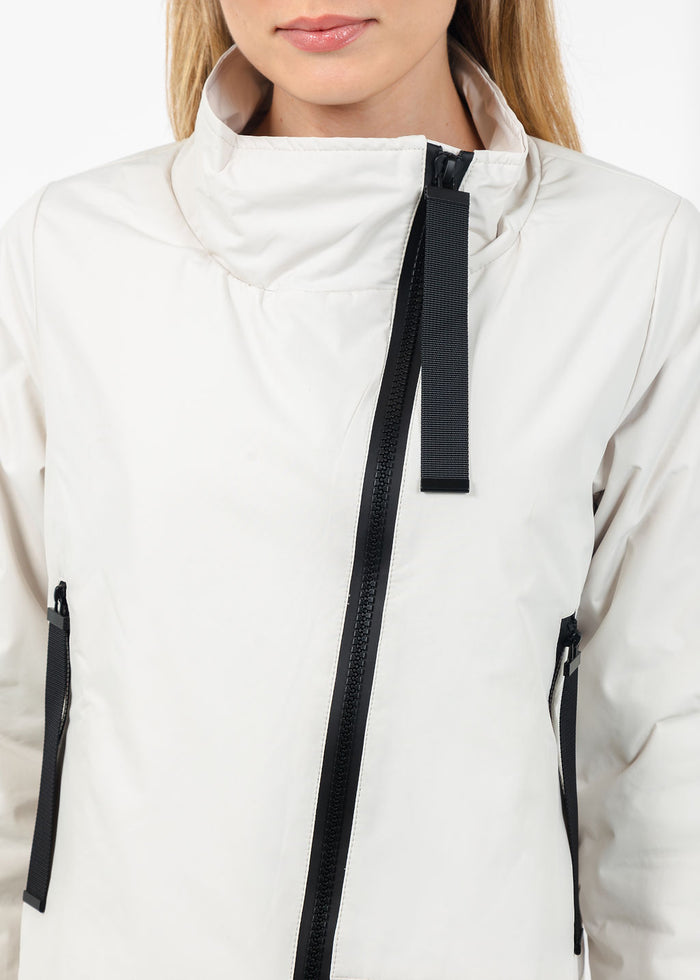Terra Cora Waterproof Asymmetric Zip Jacket in Vintage White available at Barbara Katz