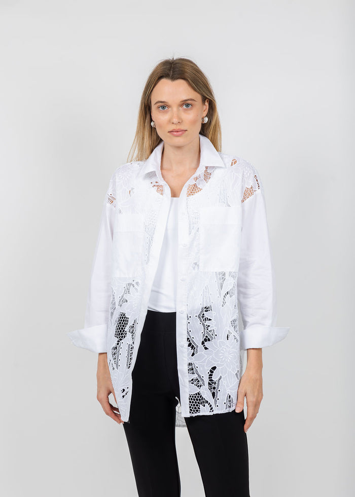 Joseph Ribkoff Cotton Lace Boxy Embroidered Blouse in White available at Barbara Katz