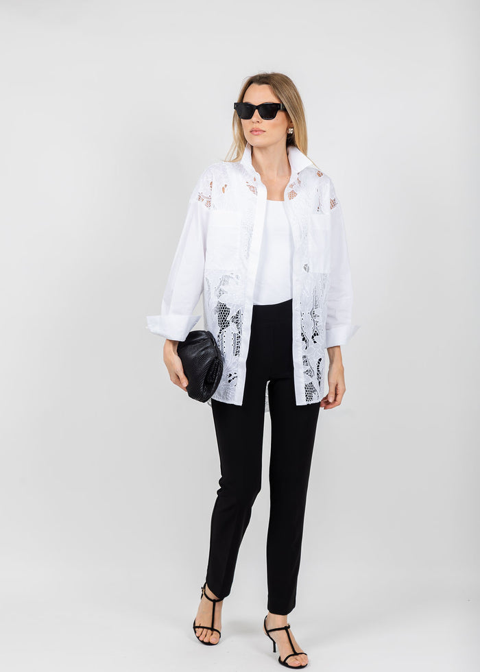 Joseph Ribkoff Cotton Lace Boxy Embroidered Blouse in White available at Barbara Katz