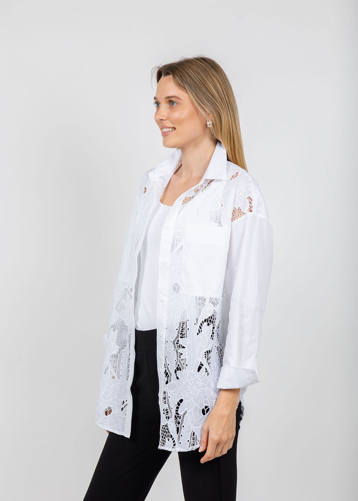 Joseph Ribkoff Cotton Lace Boxy Embroidered Blouse in White available at Barbara Katz