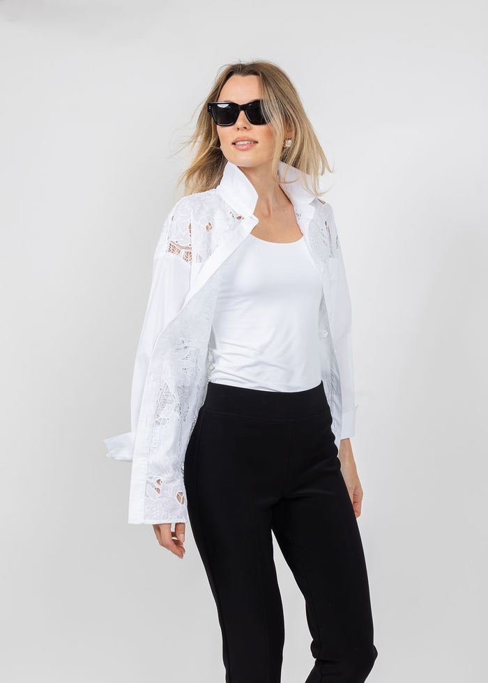 Joseph Ribkoff Cotton Lace Boxy Embroidered Blouse in White available at Barbara Katz