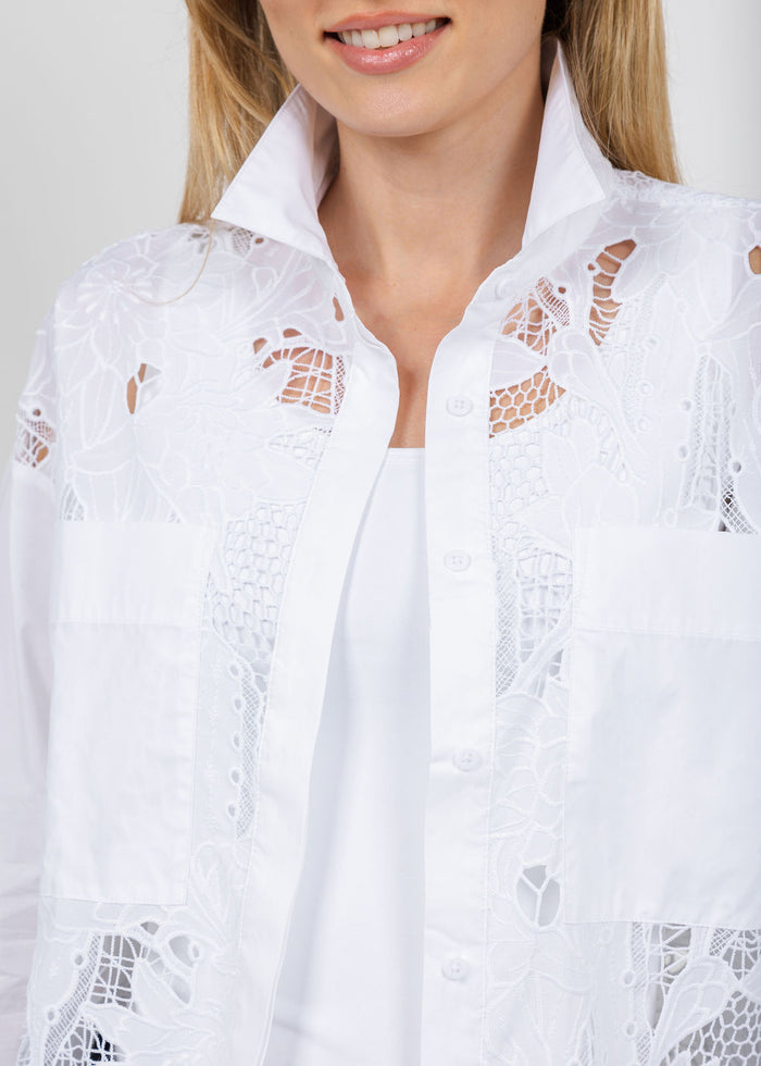 Joseph Ribkoff Cotton Lace Boxy Embroidered Blouse in White available at Barbara Katz