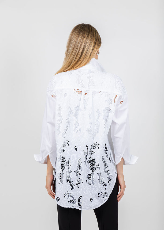 Joseph Ribkoff Cotton Lace Boxy Embroidered Blouse in White available at Barbara Katz