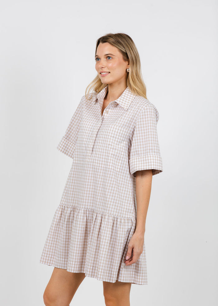 Simkhai Cris Short Sleeve Mini Dress in Sand Gingham available at Barbara Katz
