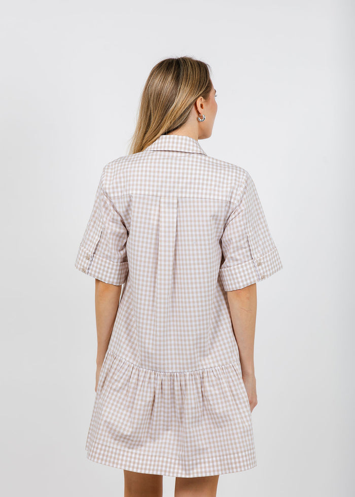 Simkhai Cris Short Sleeve Mini Dress in Sand Gingham available at Barbara Katz