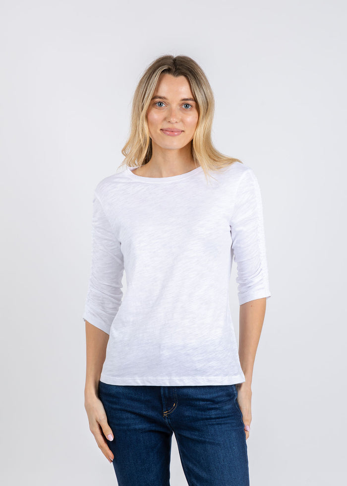 Elliott Lauren Crissy Crew Neck Ruched Sleeve Tee in White available at Barbara Katz